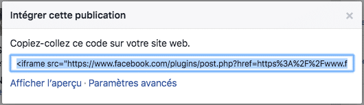 un code est directement généré pour intégrer un post Facebook à son blog