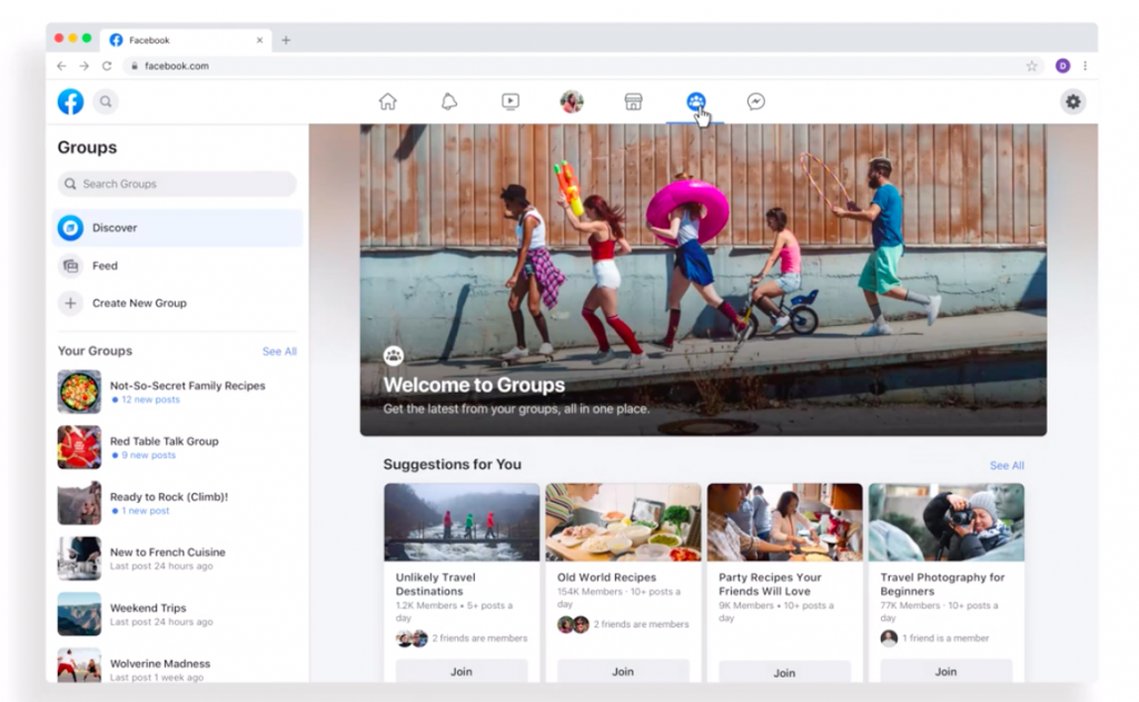 Capture d'écran de la nouvelle interface de Facebook FB5, mettant en avant les groupes Facebook