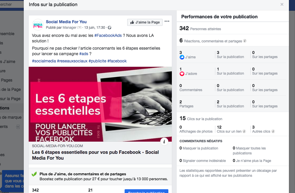 le détails des statistiques par publication Facebook