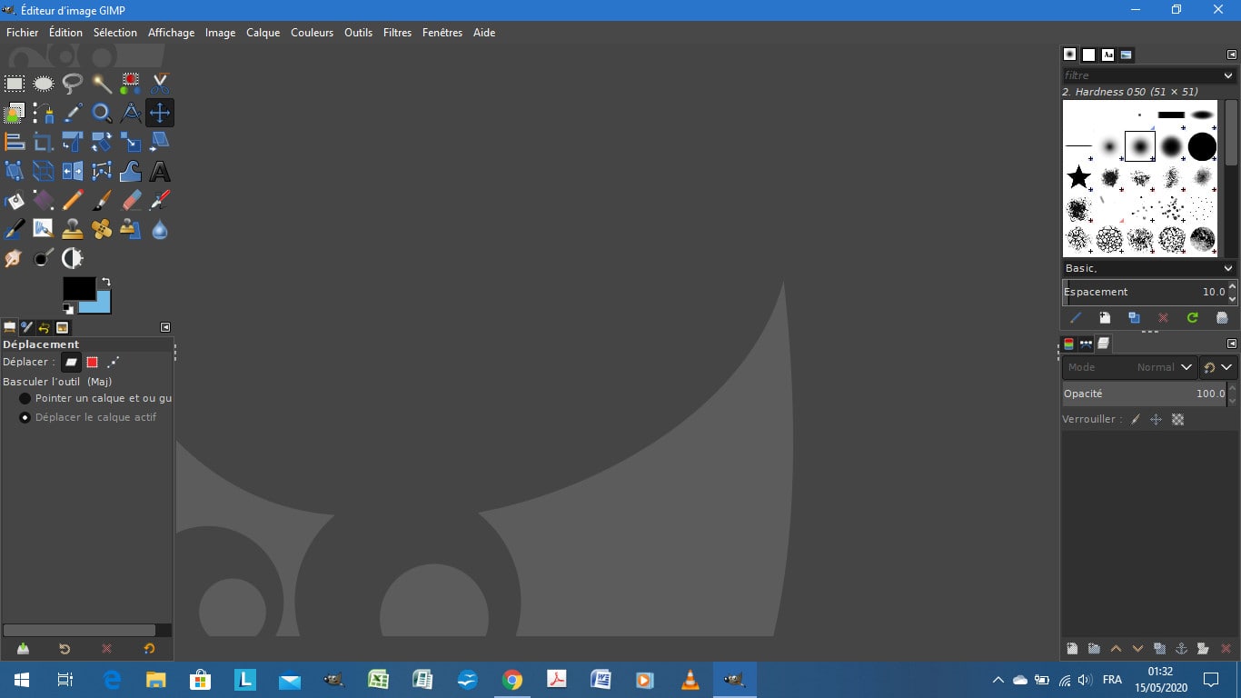 Éditeur d'image GIMP écran principal sur Windows.