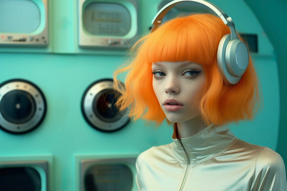 Femme aux cheveux orange et casque audio argenté.