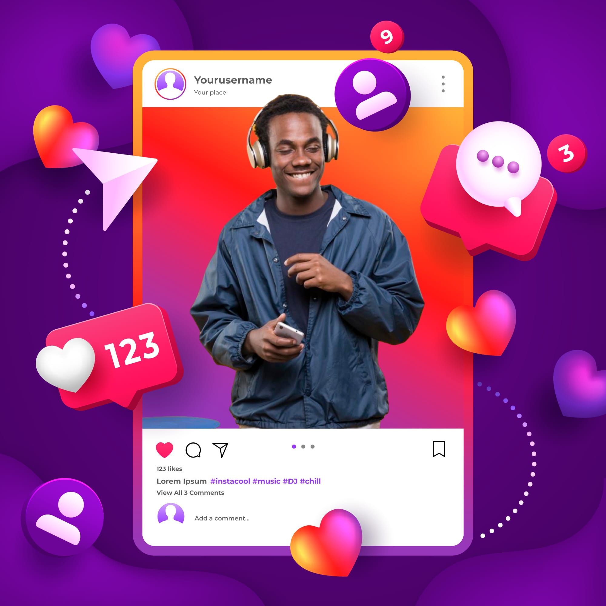 Post Instagram avec un homme souriant et des écouteurs.