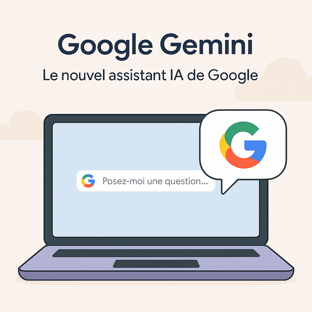 Ordinateur avec Google Gemini, assistant IA.