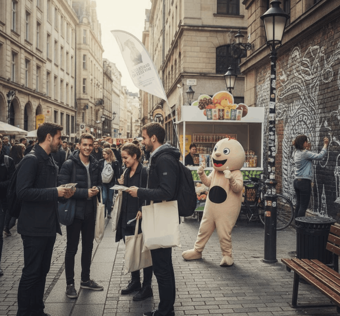 étudiants distribuant des flyers dans la rue avec une mascotte