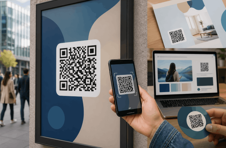 Personne scannant un QR code sur divers supports publicitaires
