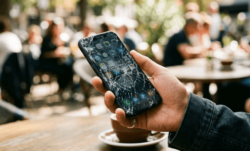 Main tenant un smartphone avec un écran cassé