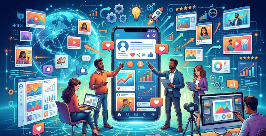 illustration d'une équipe marketing travaillant sur une stratégie de réseaux sociaux