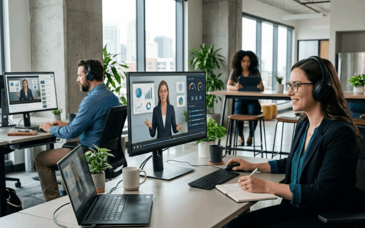 Employés suivant une formation en ligne dans un bureau moderne.