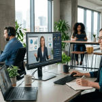 Employés suivant une formation en ligne dans un bureau moderne.