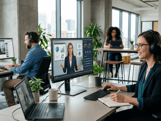 Employés suivant une formation en ligne dans un bureau moderne.