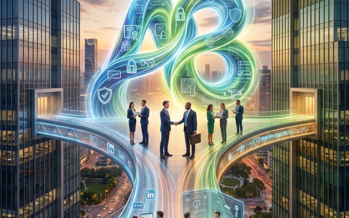 Collaboration professionnelle sur des ponts de lumière numériques futuristes.