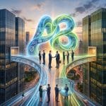 Collaboration professionnelle sur des ponts de lumière numériques futuristes.
