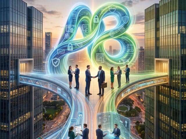 Collaboration professionnelle sur des ponts de lumière numériques futuristes.