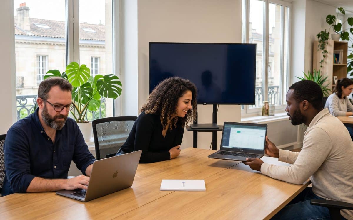Équipe collaborant sur des ordinateurs portables dans un bureau lumineux.