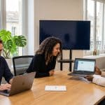 Équipe collaborant sur des ordinateurs portables dans un bureau lumineux.