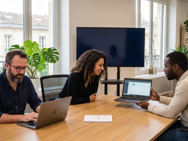 Équipe collaborant sur des ordinateurs portables dans un bureau lumineux.