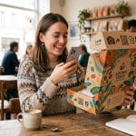 Femme souriante photographiant un carton d'emballage.